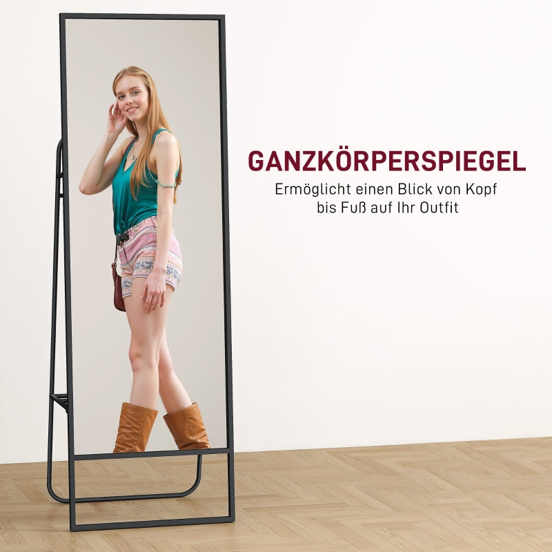 Full-Length Mirror, Industrial Design, Rear Shelf, 2 Hooks, Metal, Black
