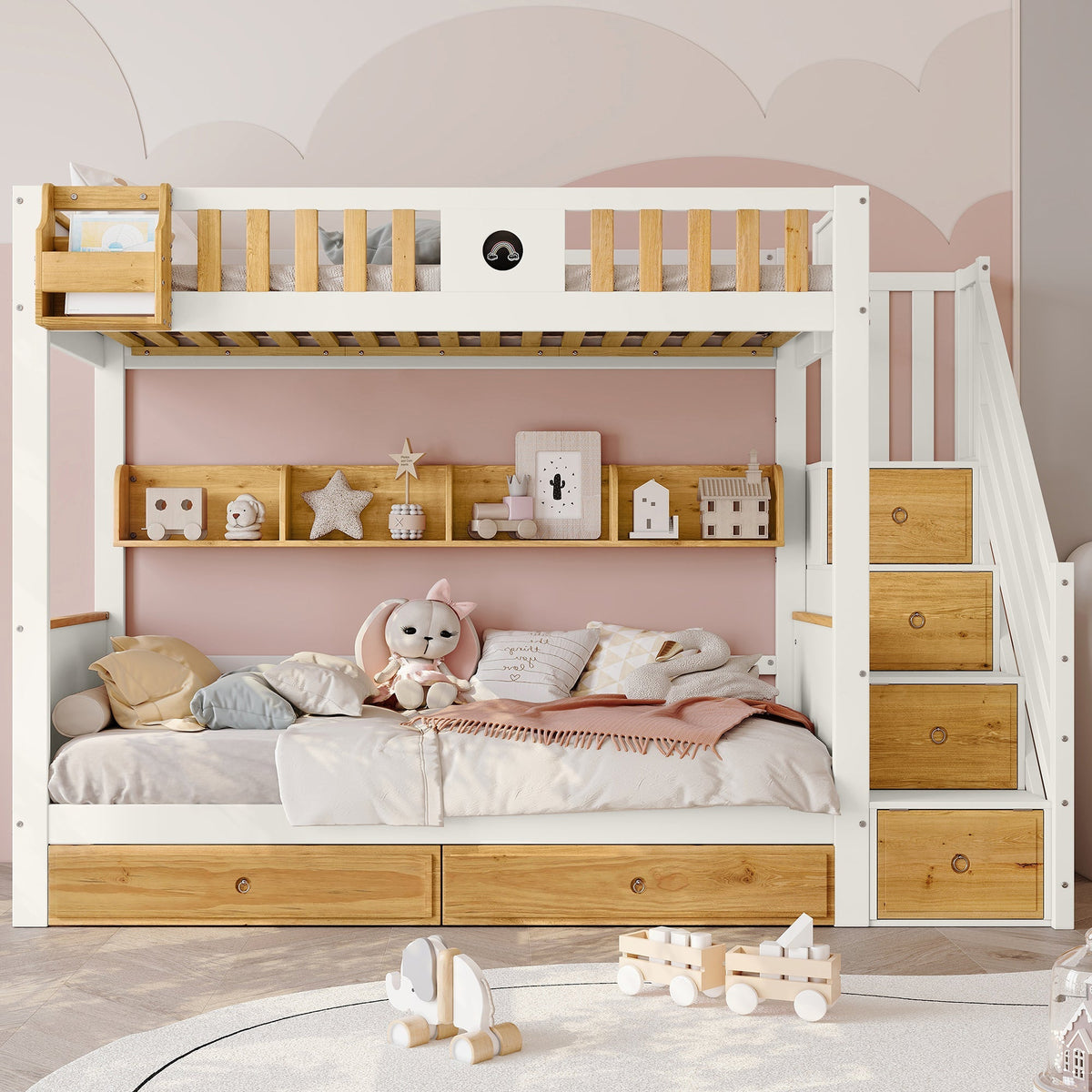 Bunk Bed 90x200cm Storage Stairs Drawers Pine/MDF White+Natural