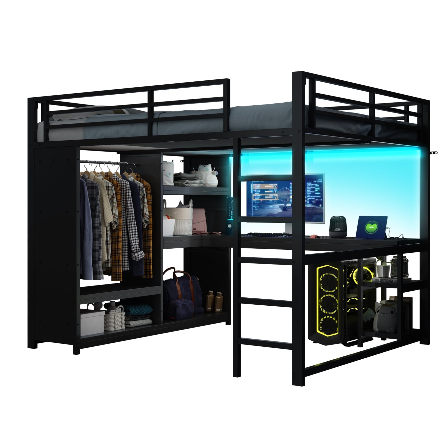 Loft Bed 160x200 Gaming Desk LED Storage Wardrobe - Black Metal