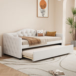 Daybed 90x200cm with Pull-Out Bed, Sofa Bed - Beige Linen