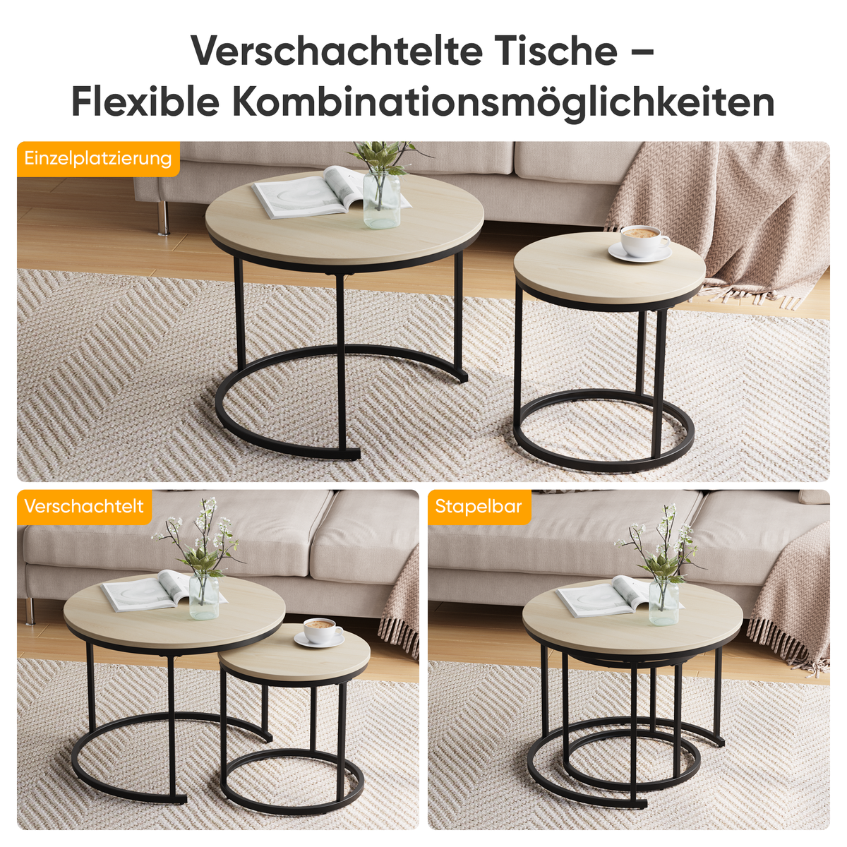Nesting Coffee Table Set, 2-Piece Round 60cm Modern Design, Oak Veneer and Metal