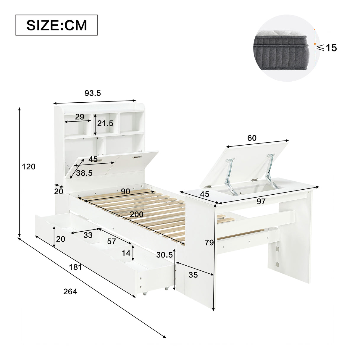 Children's Single Bed 90x200 with Storage Shelf in White Wood
