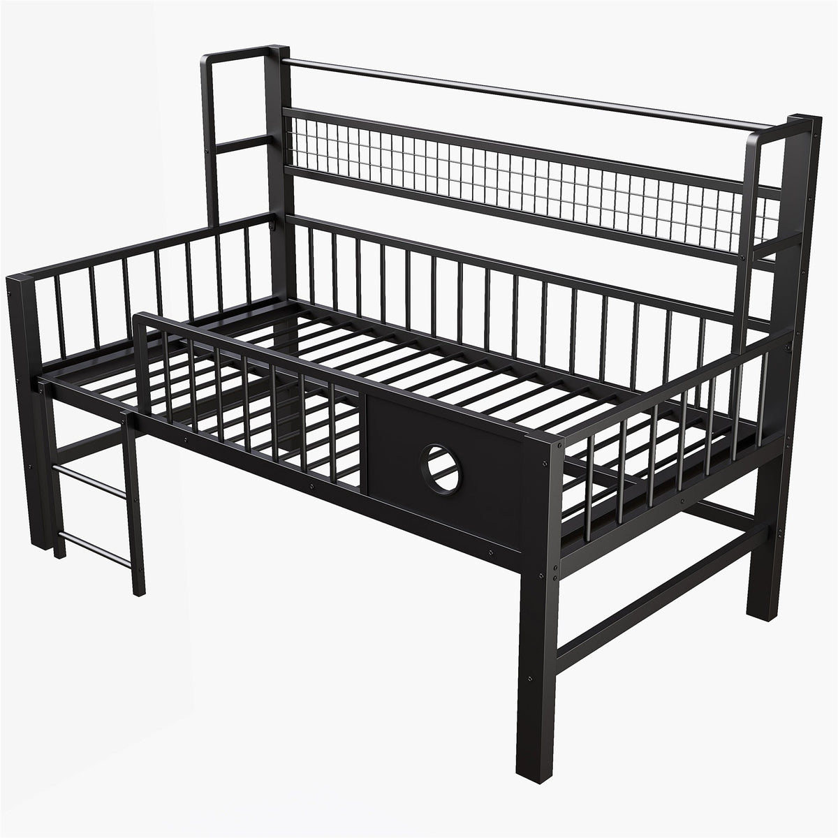 Low Loft Bed with Storage Compartments, 90x200cm, Black Metal