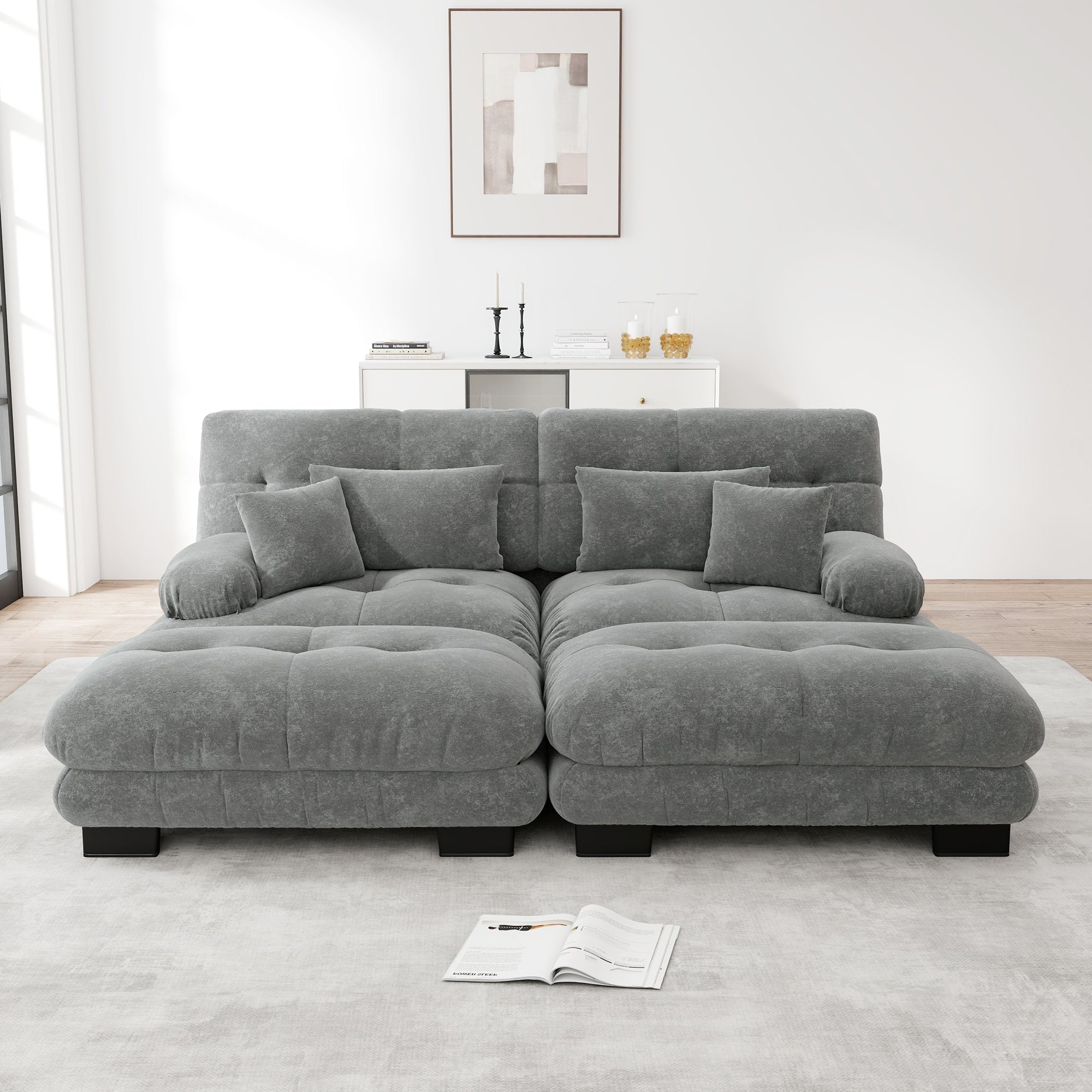 Cloud Corner Sofa, Double with Lumbar & Decorative Pillows, Wide Armrests & 2 Ottomans, Chenille Grey