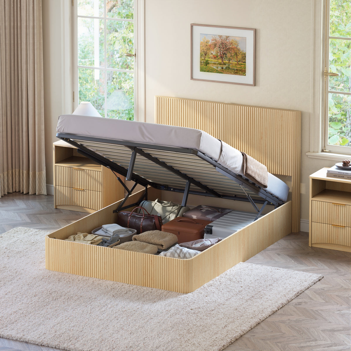 Modern Storage Bed 140x200cm with Hydraulic Lift, Light Oak