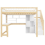 Loft Bed with Desk, LED Lights and Storage Shelves, 140x200cm, White and Natural