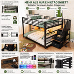 Metal Bunk Bed 90x200cm with Stairs, Storage & LED, Black