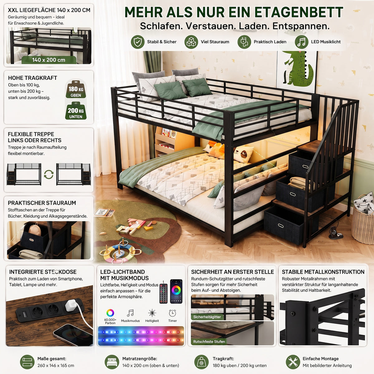 Metal Bunk Bed 90x200cm with Stairs, Storage & LED, Black