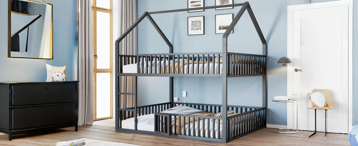 Bunk Bed, Loft Design with Stairs & Door, Black Metal