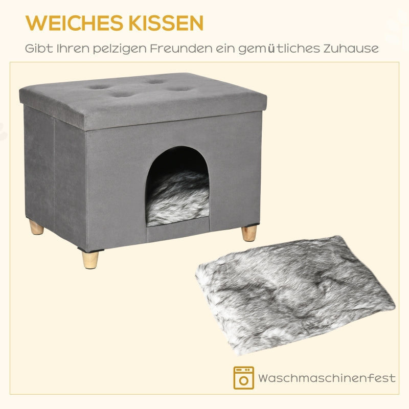PawHut 2-in-1 Cat Cave Footstool with Cushion, Cat House, Cat Basket, Plush Grey