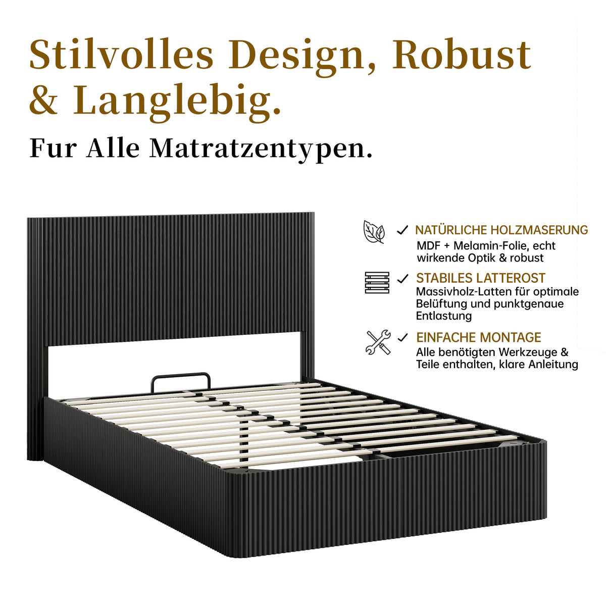 Modern Bed with Hydraulic Lift & Storage, 140x200 cm - Black