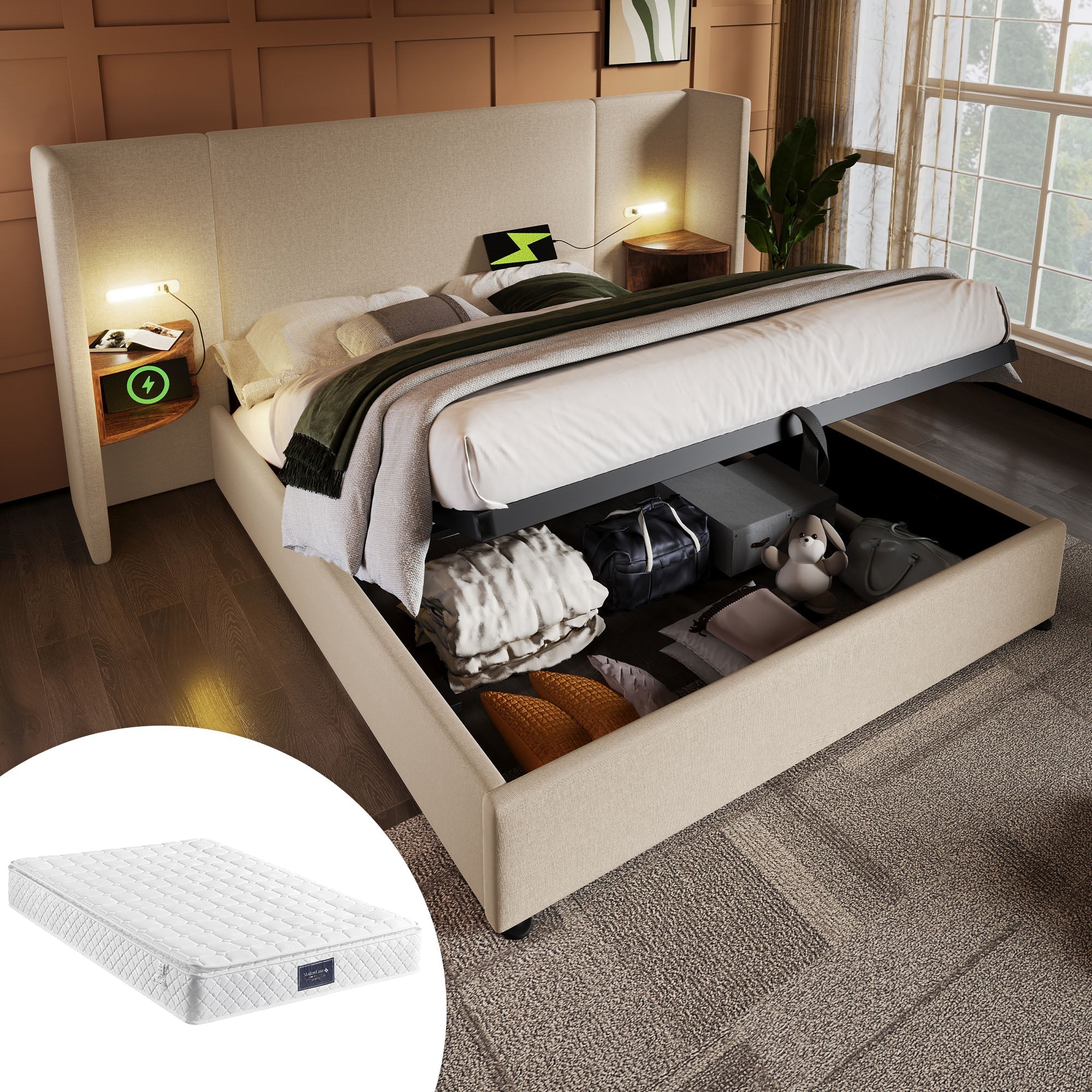 Upholstered Double Bed 160x200, with Bedside Table, Reading Lamp, USB-C, Storage, Solid Wood & Metal Frame, Beige Linen