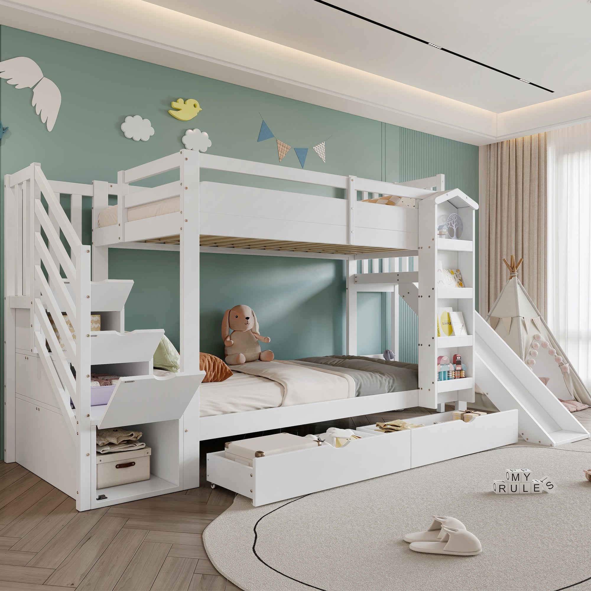 Bunk Bed with Slide, Stair Storage, Bookshelf and Drawers, 90x200cm, White Pine + MDF