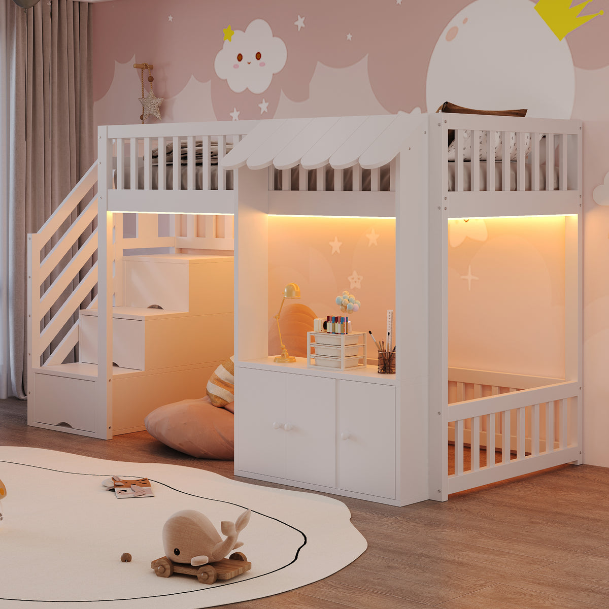 Wooden Loft Bed 90x200cm with Wardrobe & Storage Stairs, White
