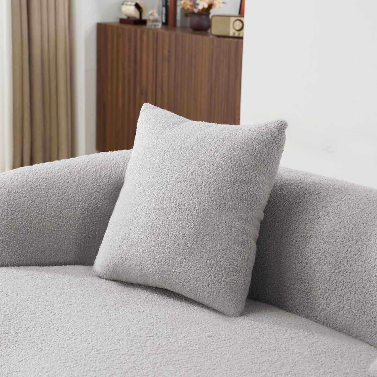 Curved Double Sofa, Compression Bedroom Couch with 2 Pillows and Round Arms, Light Grey