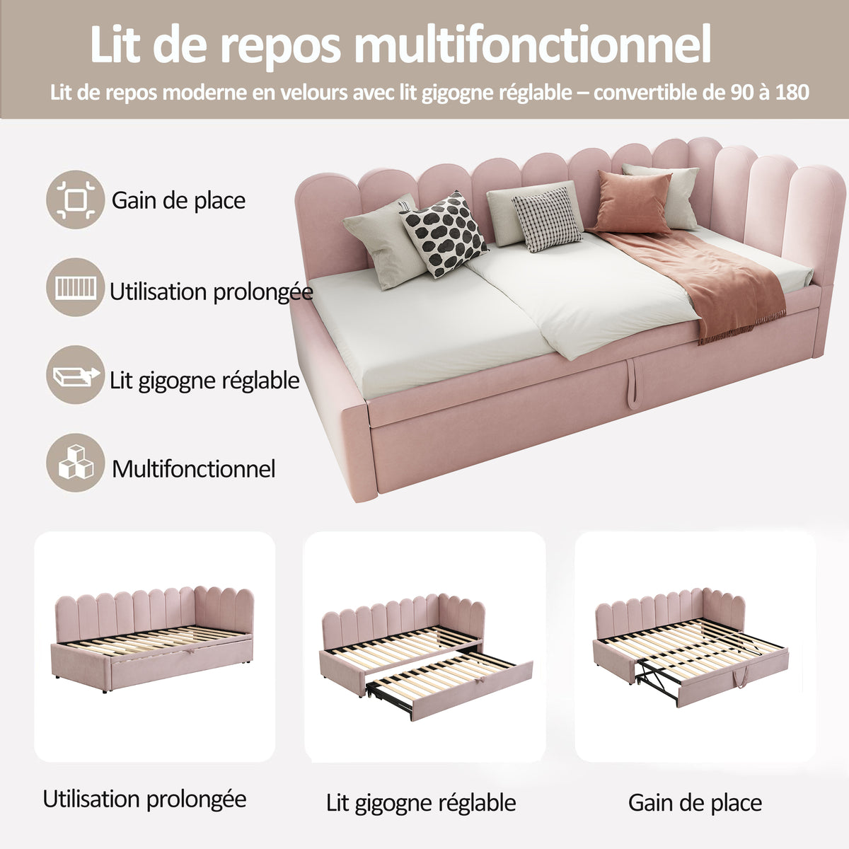 L-Shaped Sleeper Sofa Bed - 2-in-1 Space-Saving, Pink Velvet