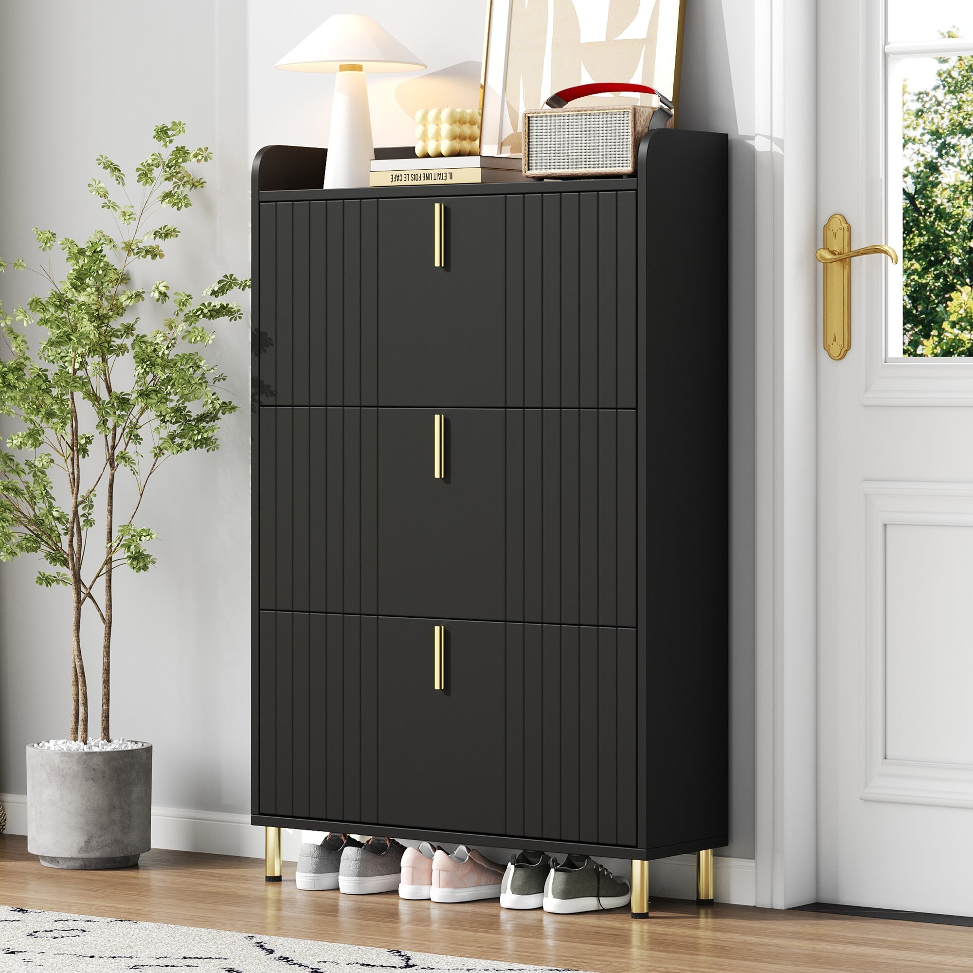 Shoe Cabinet 3 Doors 6 Adjustable Compartments Narrow Anti-tip Black