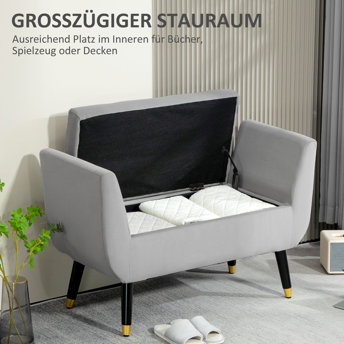 Upholstered Bench, Storage Armrests, Chest, Velvet, Light Grey
