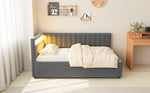 Upholstered Sofa Bed with LED Lighting and Hydraulic Storage, Velvet Beige/Gray