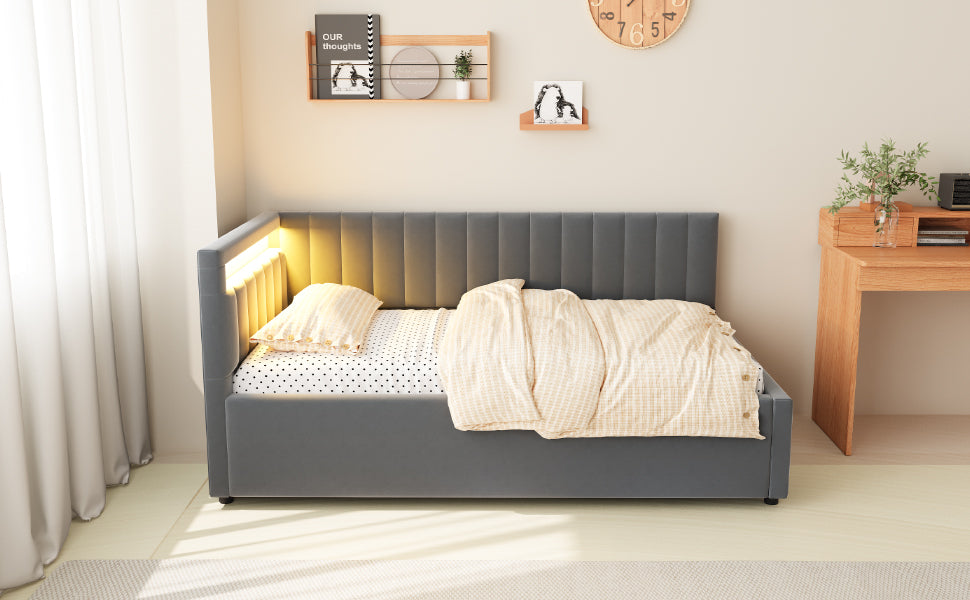 Upholstered Sofa Bed with LED Lighting and Hydraulic Storage, Velvet Beige/Gray