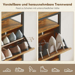 Shoe cabinet with 4 folding drawers, slim design, open shelf, steel, brown