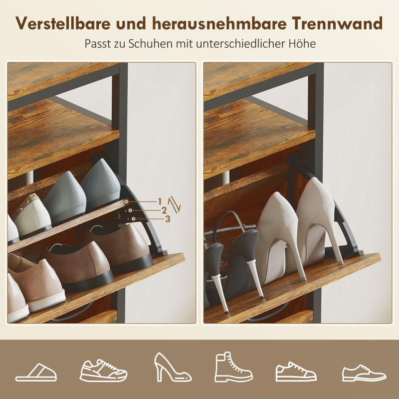 Shoe cabinet with 4 folding drawers, slim design, open shelf, steel, brown