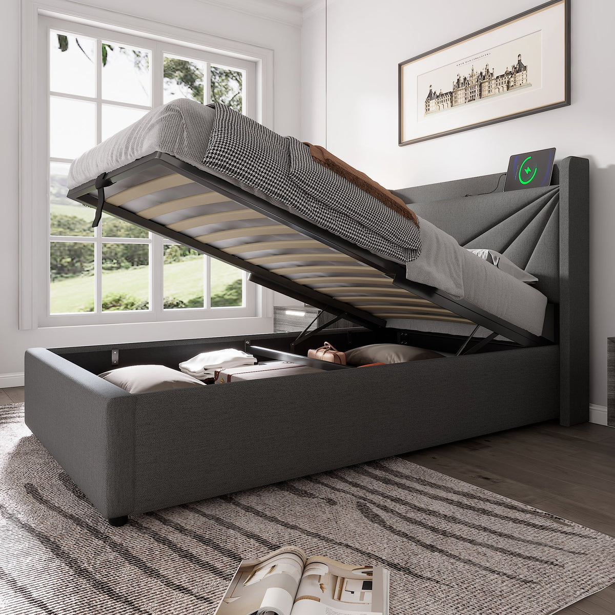 Upholstered Bed, Single Storage with USB Type C Headboard, Linen