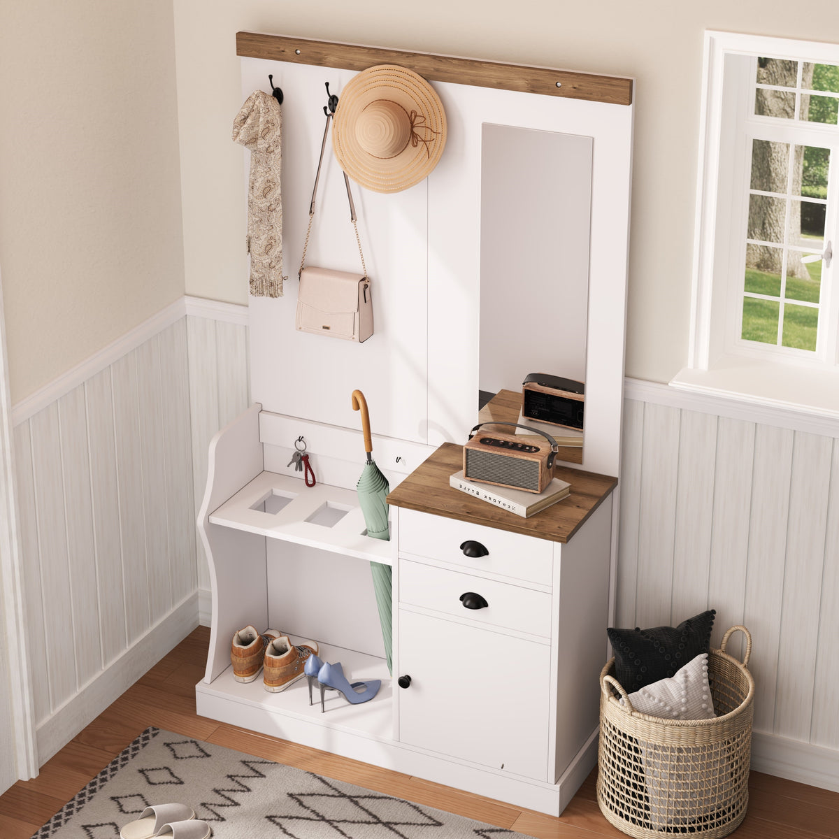 Wardrobe Set with Mirror, Hooks, Drawers & Umbrella Stand, Wood and White