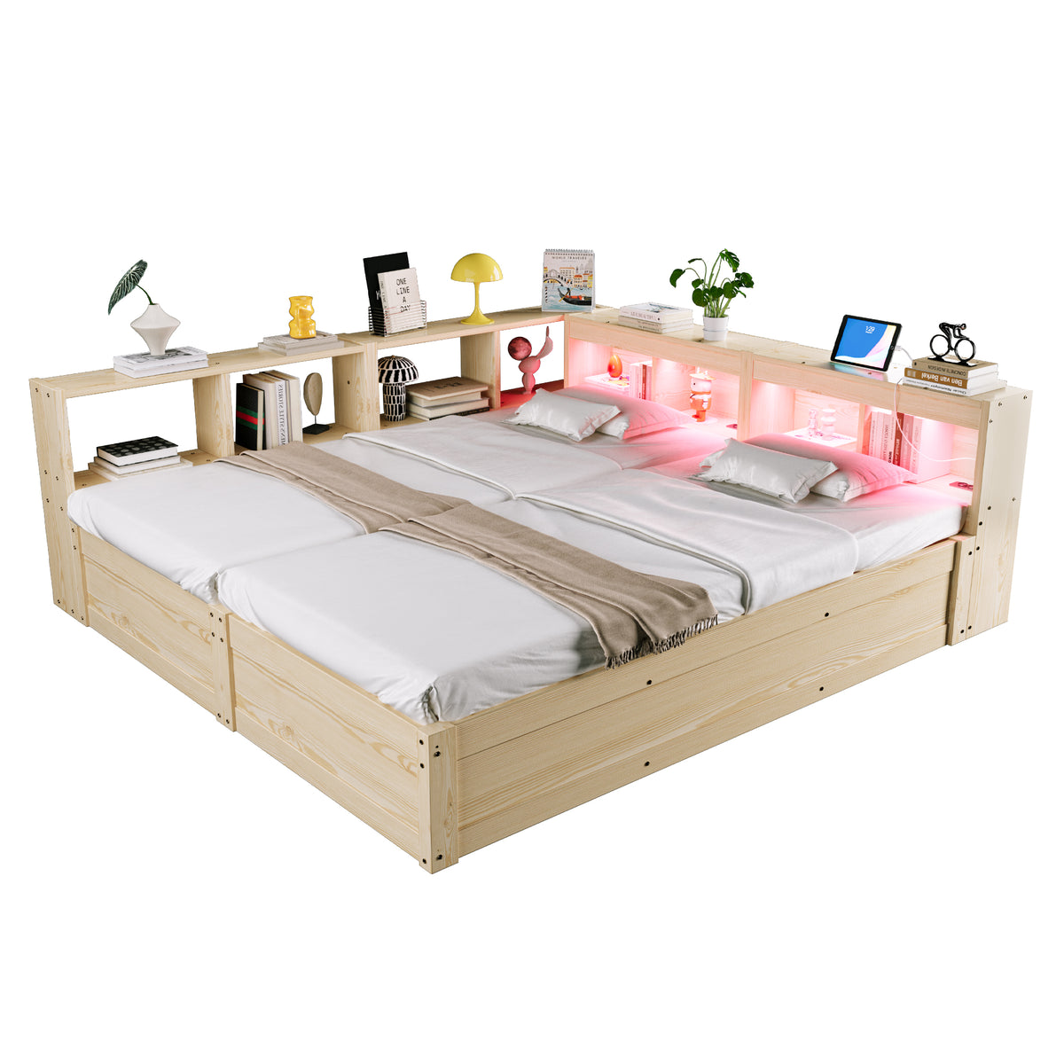 Extendable Sofa Bed 90/180x200cm with Storage & LED, Wood Color