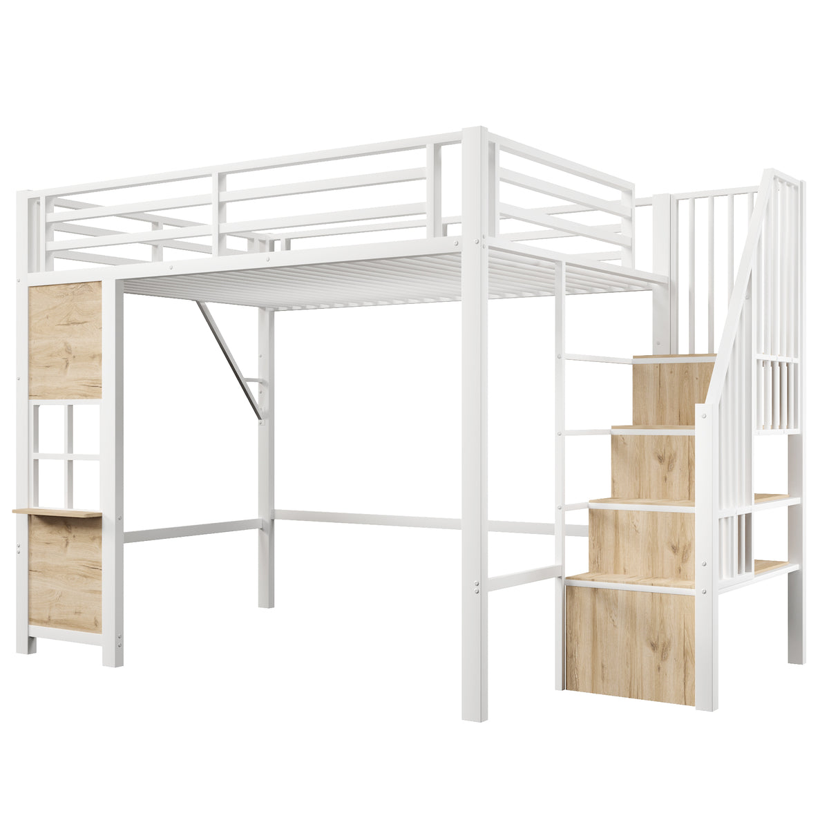 Loft Bed 140x200 cm with Storage Ladder, White Iron Frame