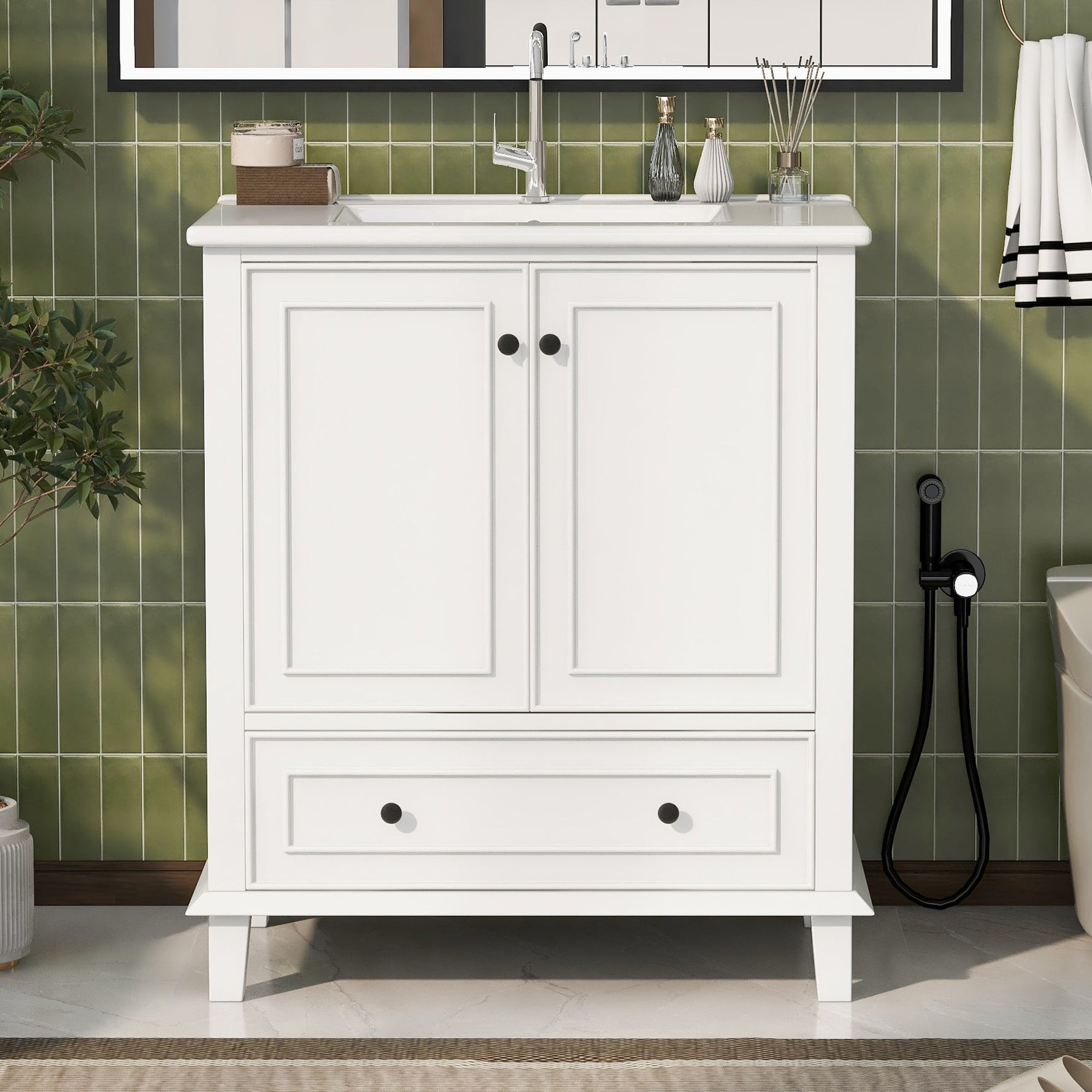 Bathroom Vanity Unit with Ceramic Sink and Solid Wood Legs, White