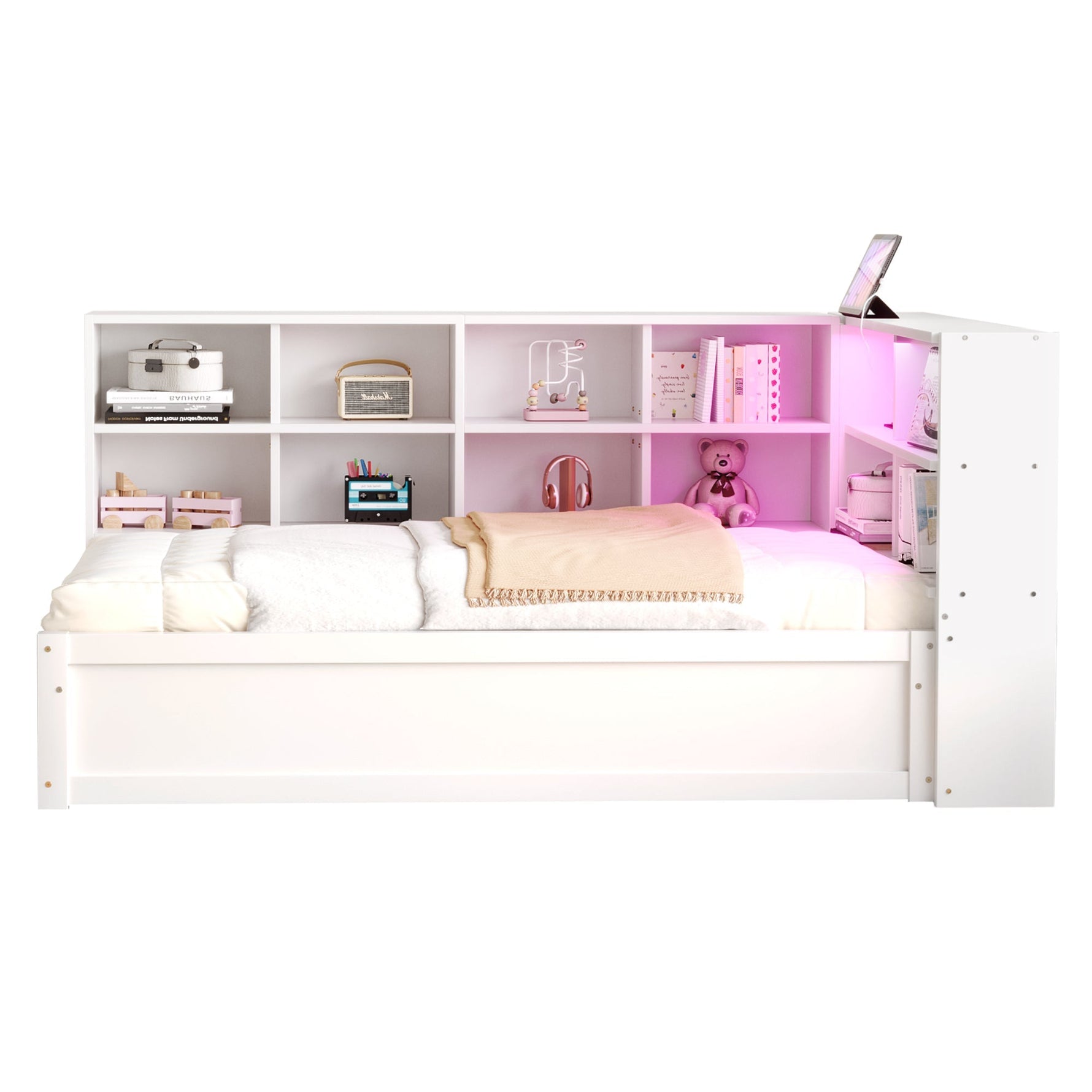 Sofa Bed, 90x200 Multifunctional with Sockets, Storage, Light Bar, Hydraulic, Solid Wood, White