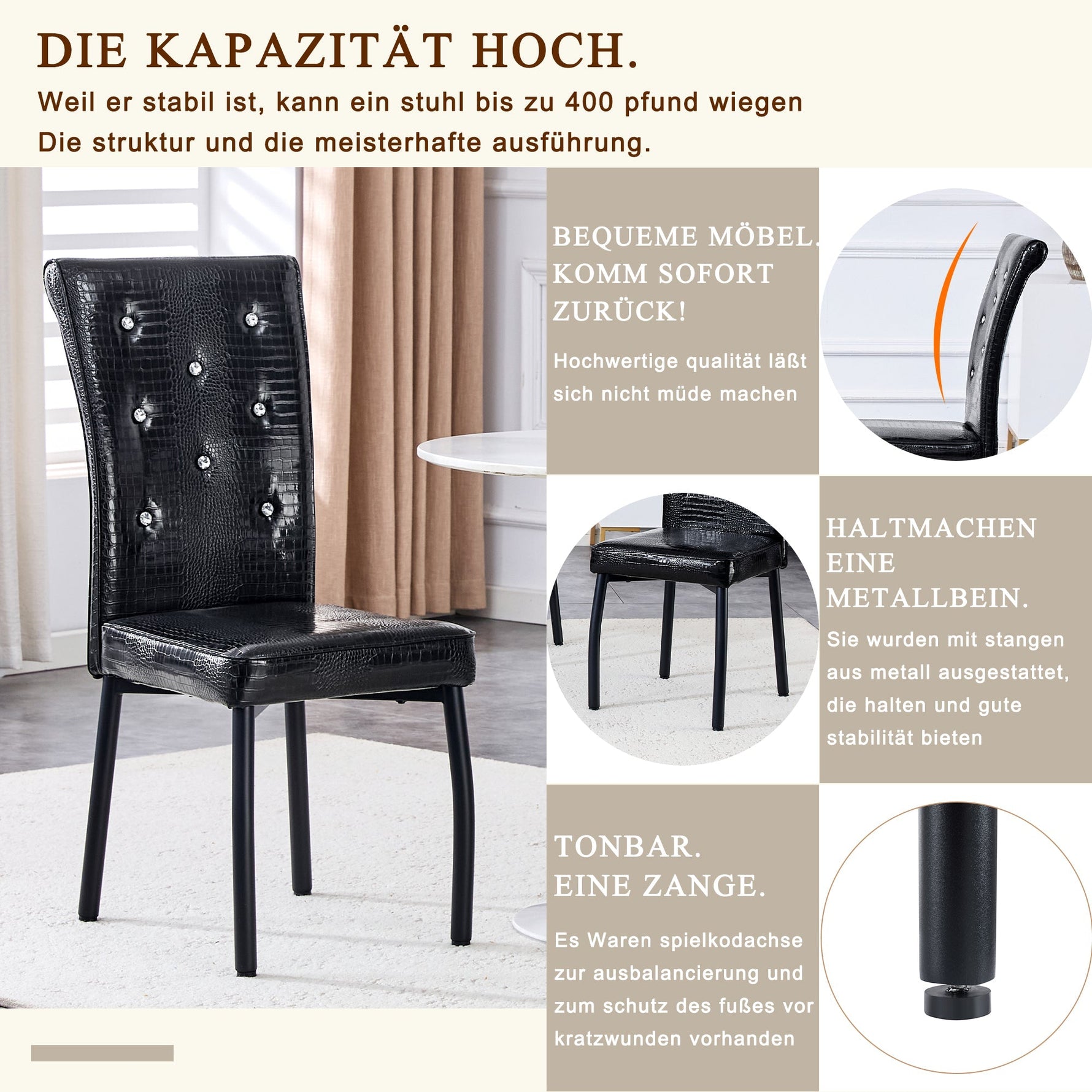 2 Dining Chairs Vintage Crocodile Faux Leather Crystal Clasp - Black