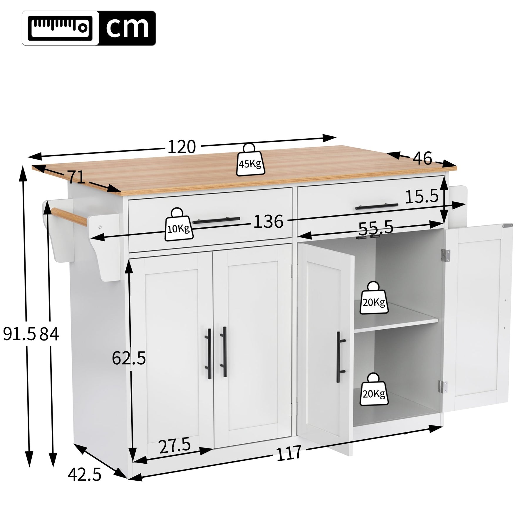 Serving Trolley Folding Tabletop Casters Interchangeable Legs - White