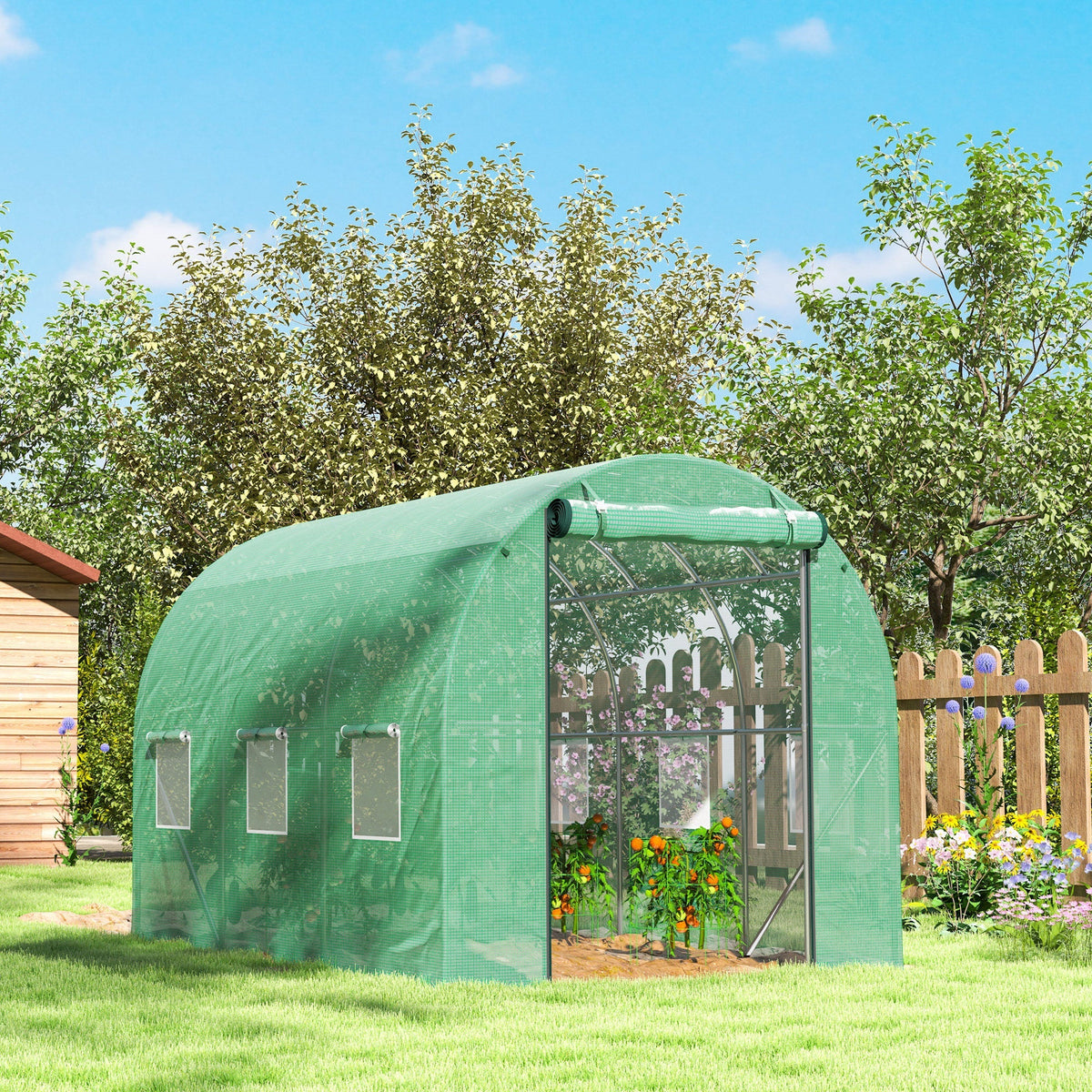 Greenhouse 3x2x2m Polytunnel with 6 Windows, Roll-Up Door, UV-Resistant, Green
