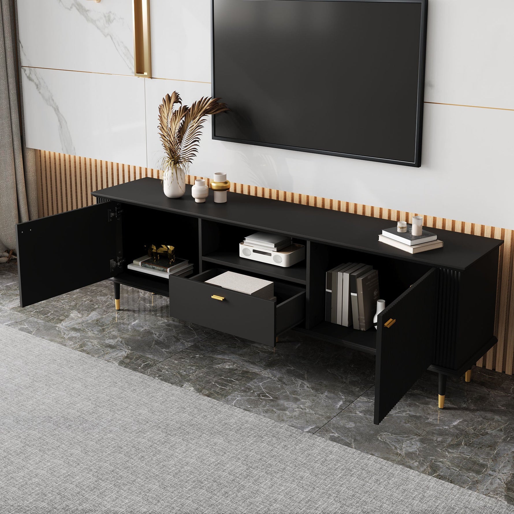 TV Cabinet with Open Compartments, Drawers and Soft-Close Hinges, Lacquered Textured Surface