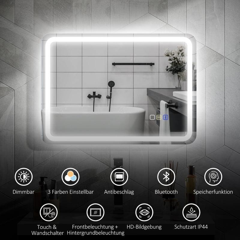 Bathroom Mirror with Lighting, LED, Bluetooth, Anti-Fog, Silver