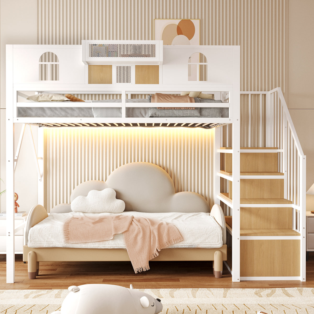 Metal Loft Bed 90x200cm with Storage Ladder & Light Strip, White