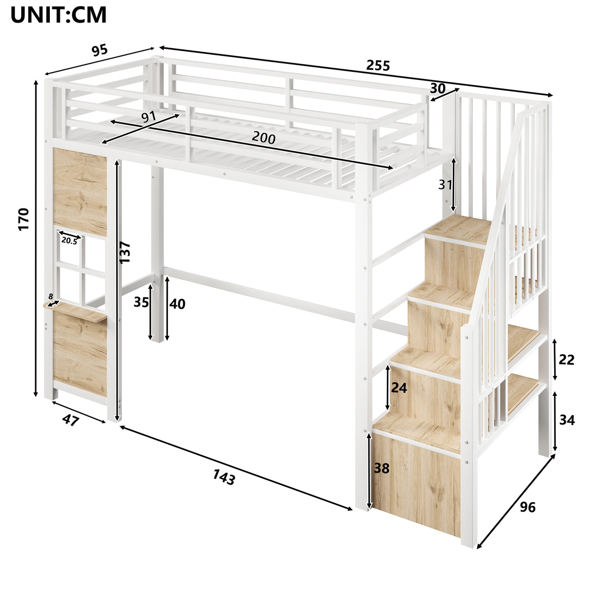Loft Bed 90x200cm with Storage Ladder - White Iron Frame