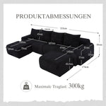 Modular 4-Seater Sofa with 2 Ottomans, Cup Holders and Storage, Black Corduroy