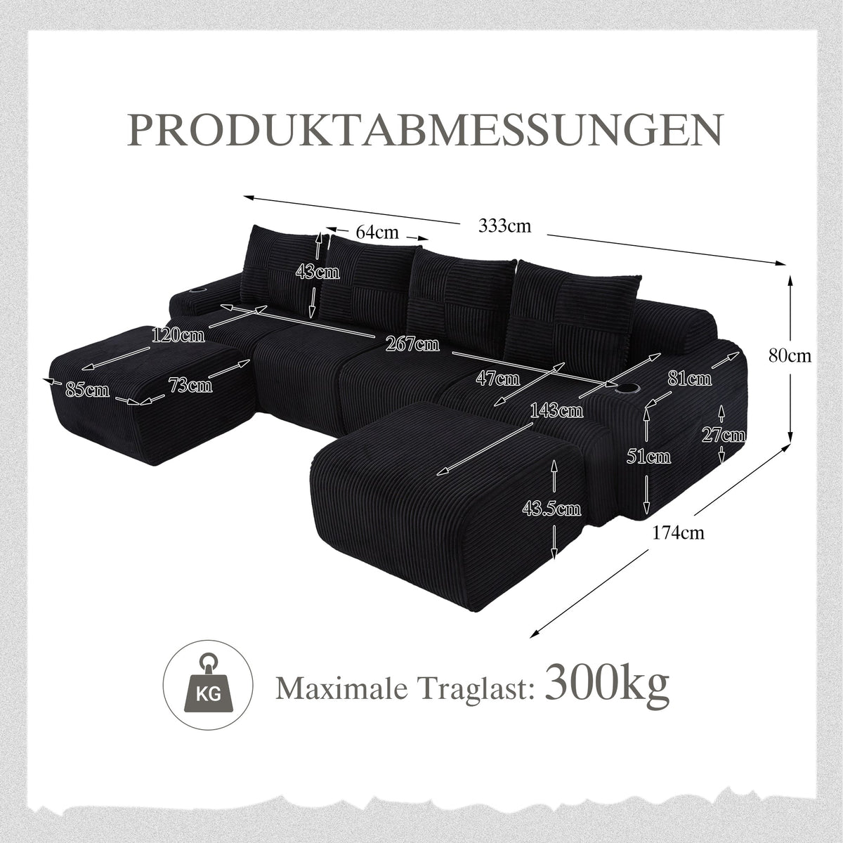 Modular 4-Seater Sofa with 2 Ottomans, Cup Holders and Storage, Black Corduroy