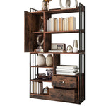 Bookcase, 6-Shelf Industrial Bookcase with Doors & Drawers, Floor to Ceiling, Antique Brown Steel