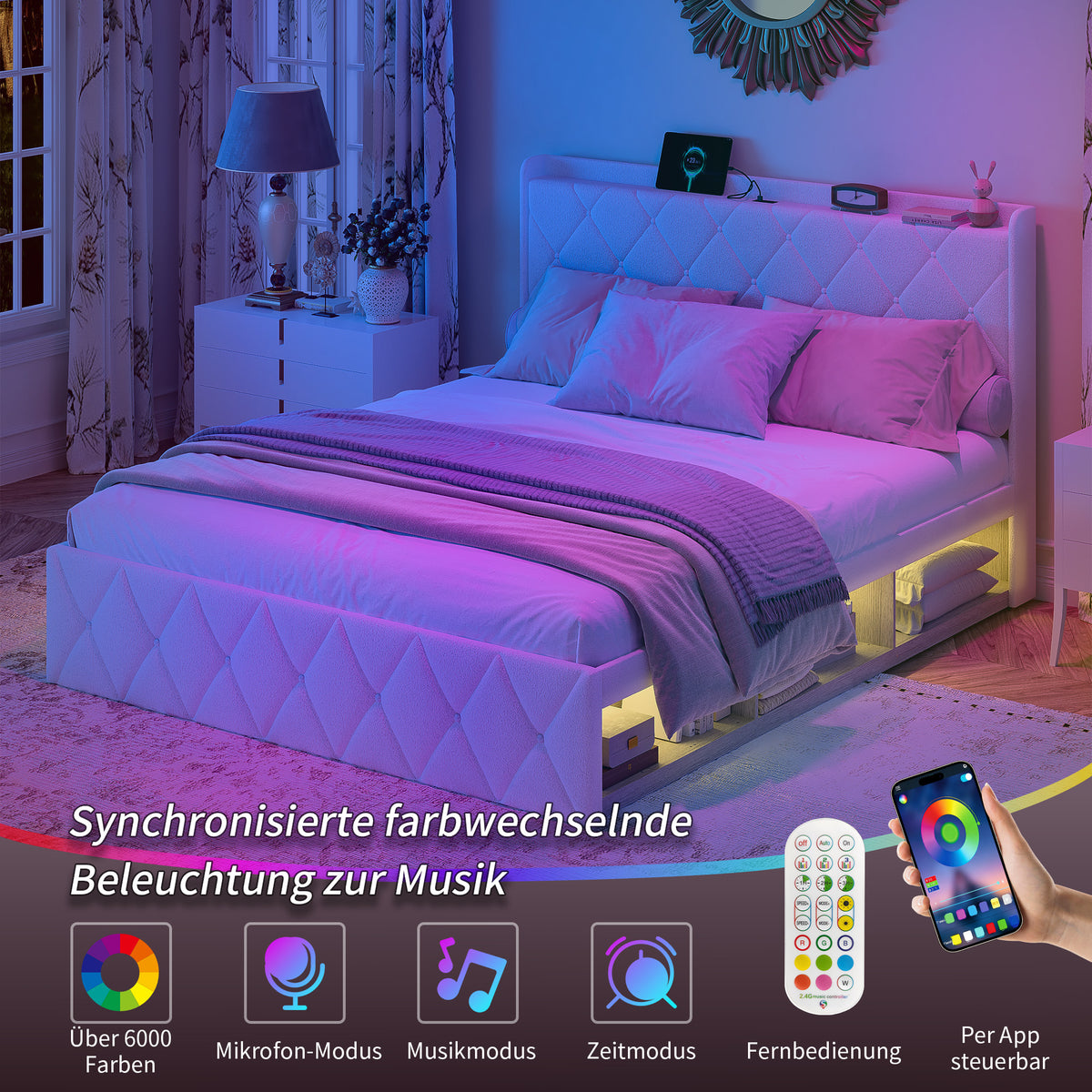 Upholstered Double Bed 160x200cm, USB LED & 6 Drawers, White Plush