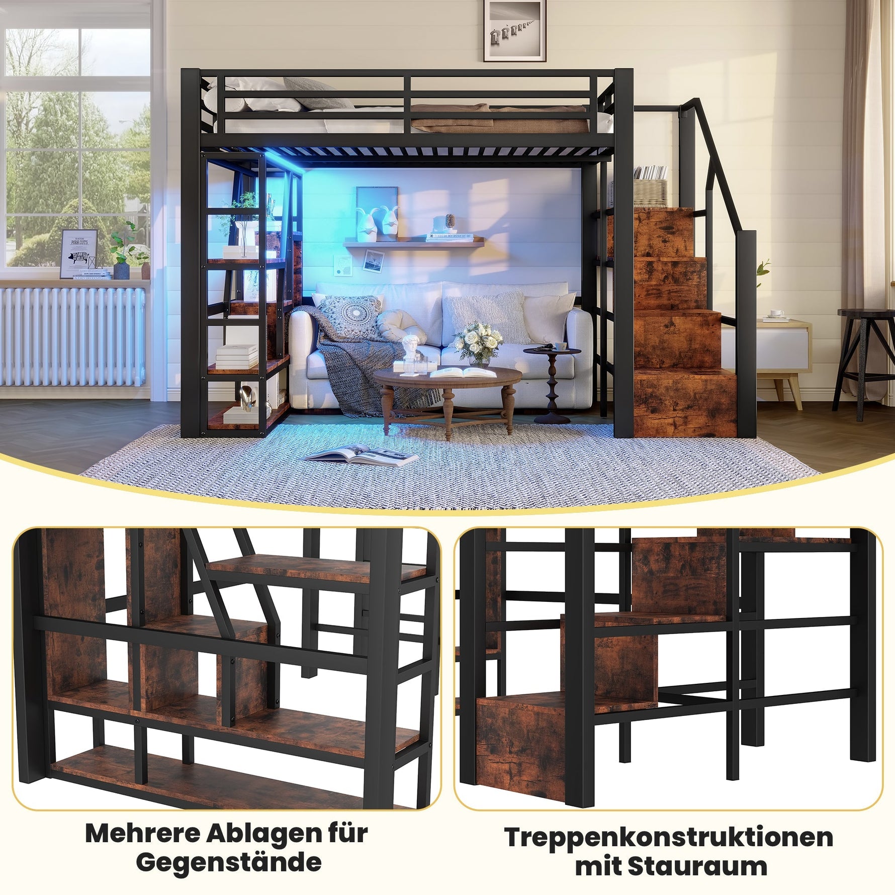 Loft Bed 140x200cm Iron Frame, Storage, Steps, LED, Black