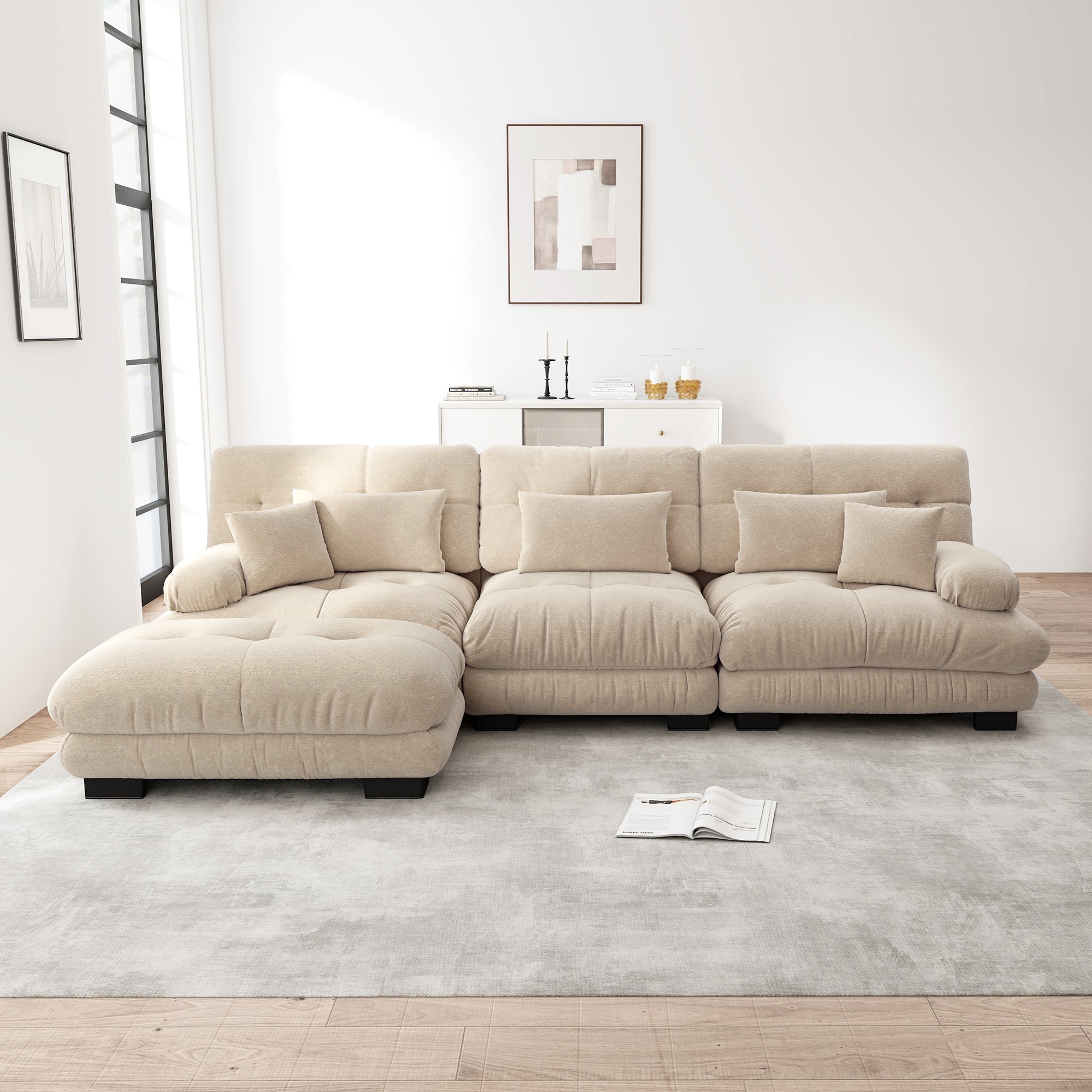 Luxurious Modular Corner Sofa L-Shaped Deep Sleeper Ottoman, Corduroy Chenille Light Brown