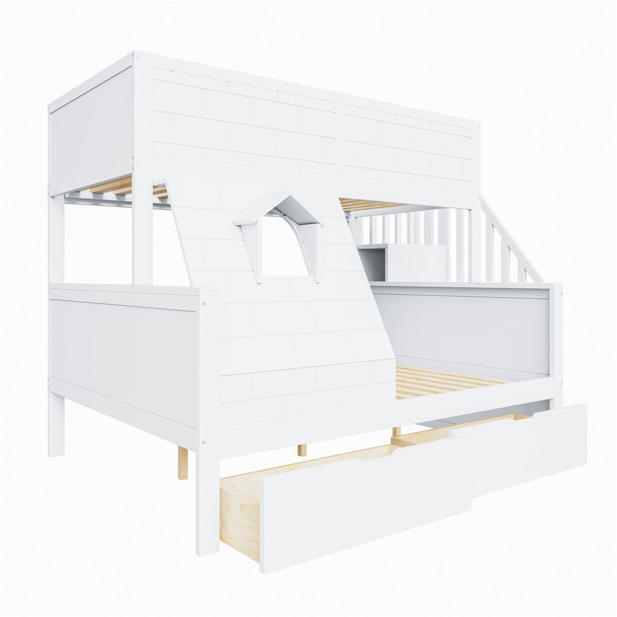 Bunk Bed with Safety Ladder, Drawers and Window, 90x200cm and 140x200cm, Solid Wood