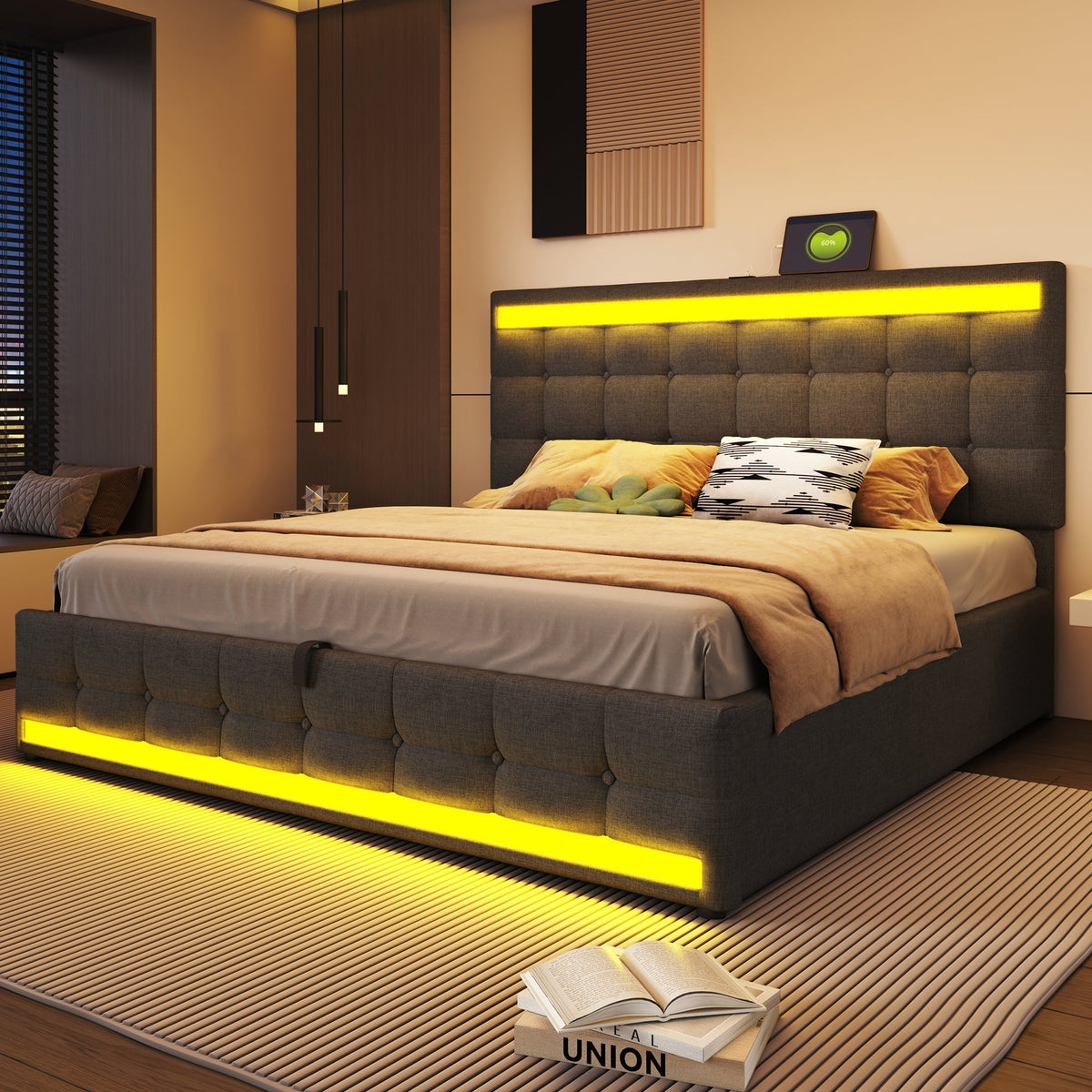 Upholstered Bed 180x200 Hydraulic Storage USB LED Light Strip Children's Bed, Grey Linen
