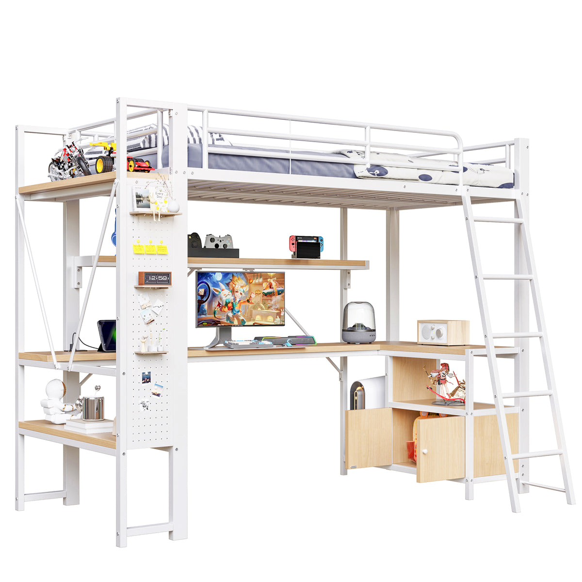 Loft Bed 90x200cm with Desk, LED & USB, White Iron Frame
