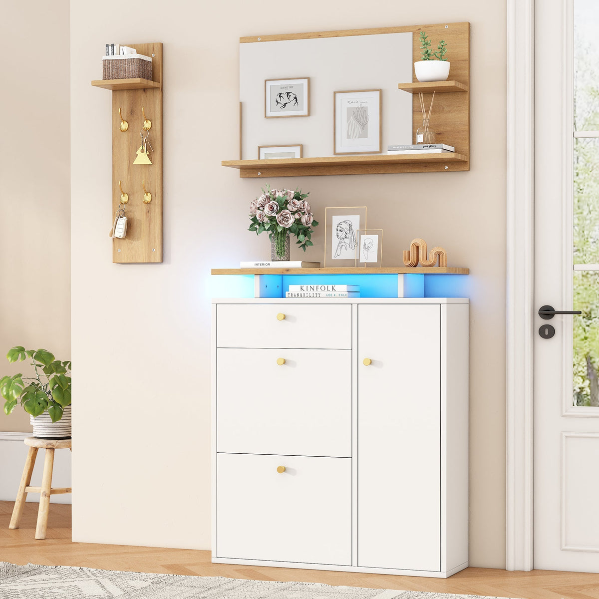 Hallway Wardrobe Set with LED Mirror, Hat Shelf and Shoe Cabinet, Natural and White