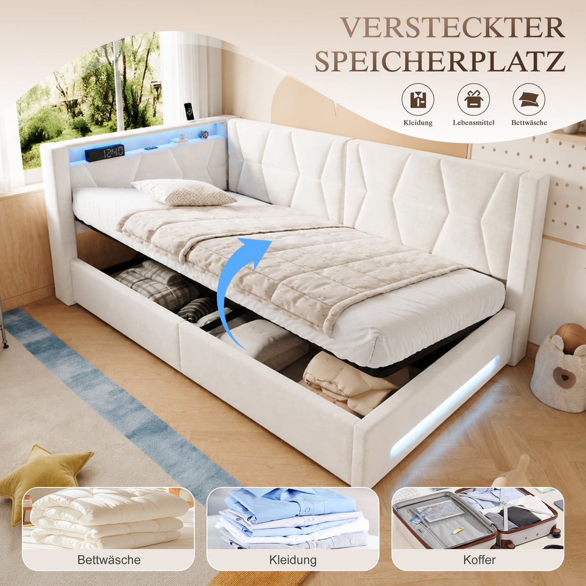 Upholstered Bed 90x200 with Storage & LED Lighting, Beige Velvet